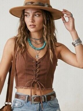 Milk It Distressed Lace Up Denim Corset Crop Top L